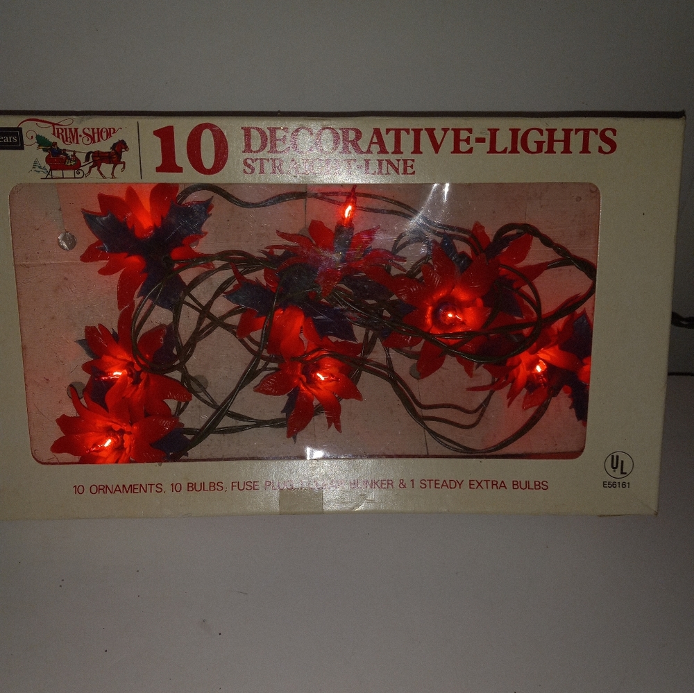 Vintage SEARS 10 Poinsettia String Lights Christmas Plastic flowers works
